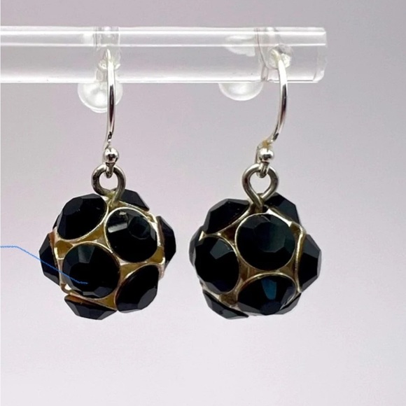Vintage Black Rhinestone Sphere Dangle Earrings | Sterling Silver Hooks - Picture 7 of 10